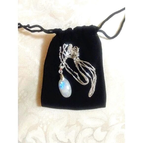MOONSTONE WITH BLUE FLASH PENDANT STERLING SILVER CHAIN AND MOUNT - Picture 6 of 7